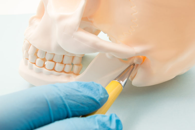Temporomandibular joint (TMJ, joint of the lower jaw) and the ear canal. The physician indicates on the mandibular joint or human ear bone canal as the source of the  symptom, pain or illness SIGNS YOU MAY HAVE A TEMPOROMANDIBULAR JOINT (TMJ) DISORDER